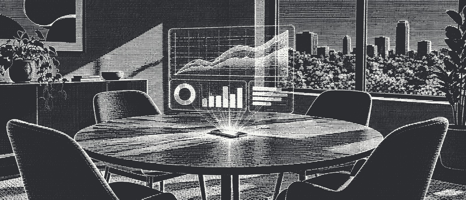 A smartphone on a round meeting table projects a glowing chart above four empty chairs