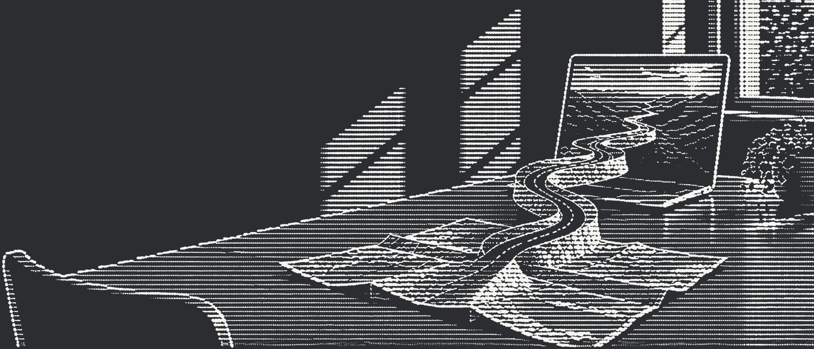 A folded paper map on the right side of a sunlit meeting table rises into a winding three-dimensional road that climbs toward an open laptop
