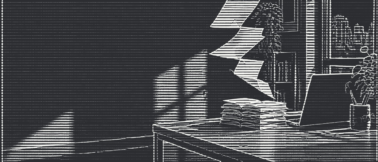 Sheets of paper lift off a desk in a bright office and fold themselves into a stack of open notebooks beside a laptop