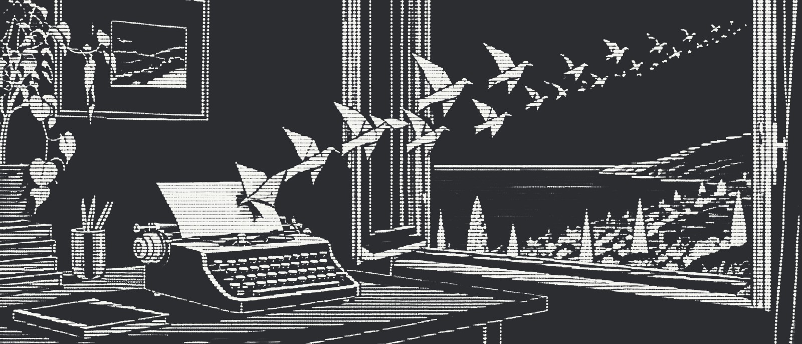 Typed pages from a typewriter fold into paper birds and fly out an open window
