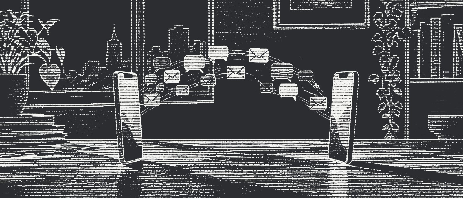 A bridge of speech bubbles and envelopes arcs between two smartphones