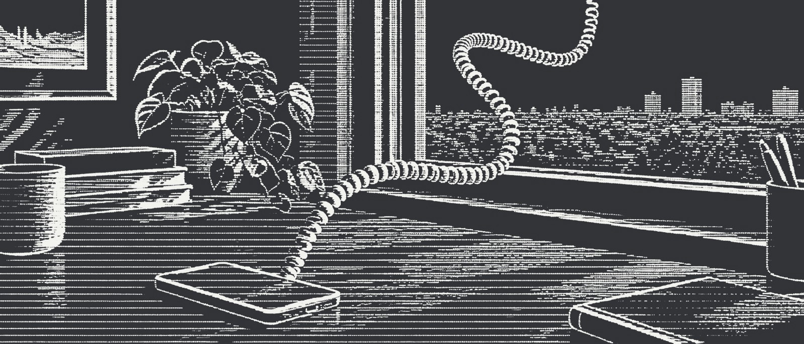 A coiled phone cord rises out of a smartphone and loops through the air toward a window