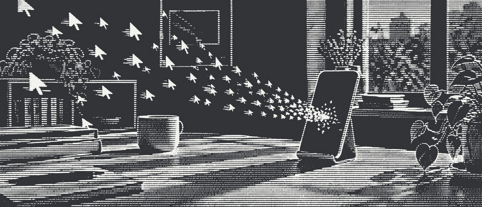 A flock of small cursor arrows streams through the air into a smartphone screen