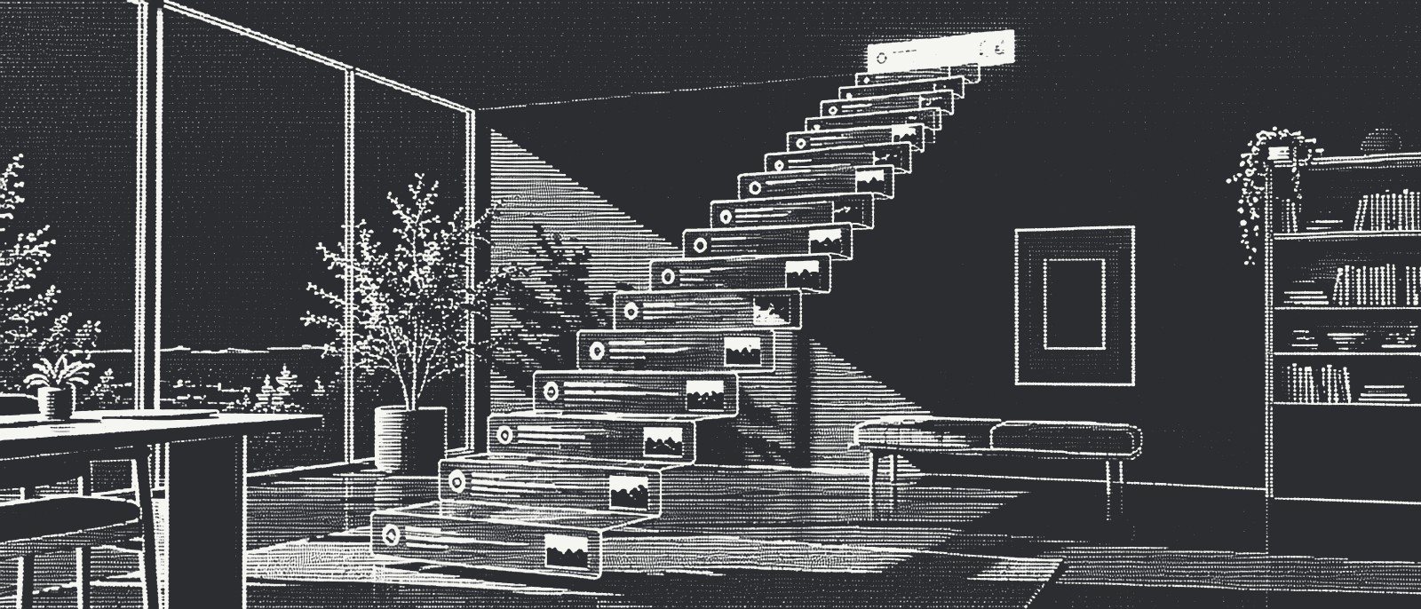 A staircase of floating glass search result cards rises across a bright room