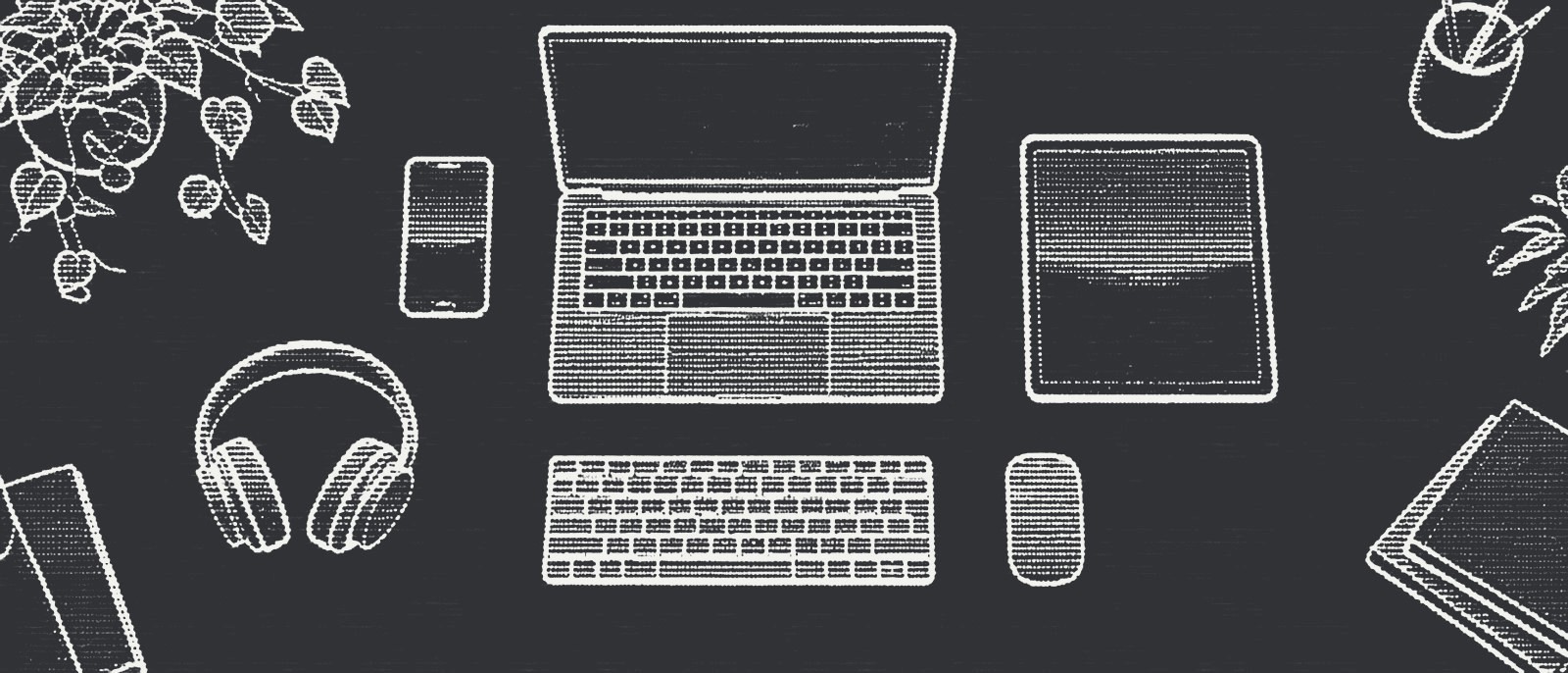 A laptop, phone, tablet, keyboard, mouse and headphones float just above a desk in a neat flat lay