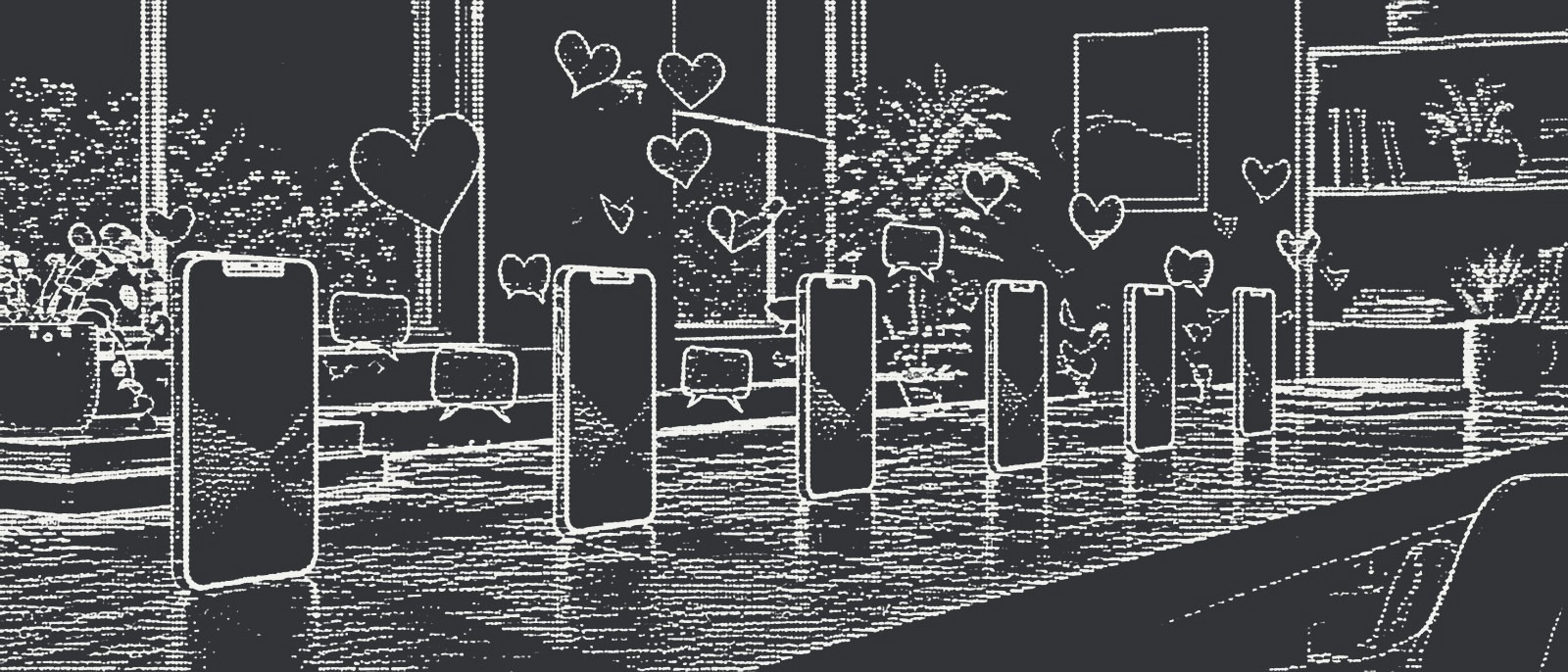 Translucent paper hearts and comment bubbles float between a row of smartphones on a table