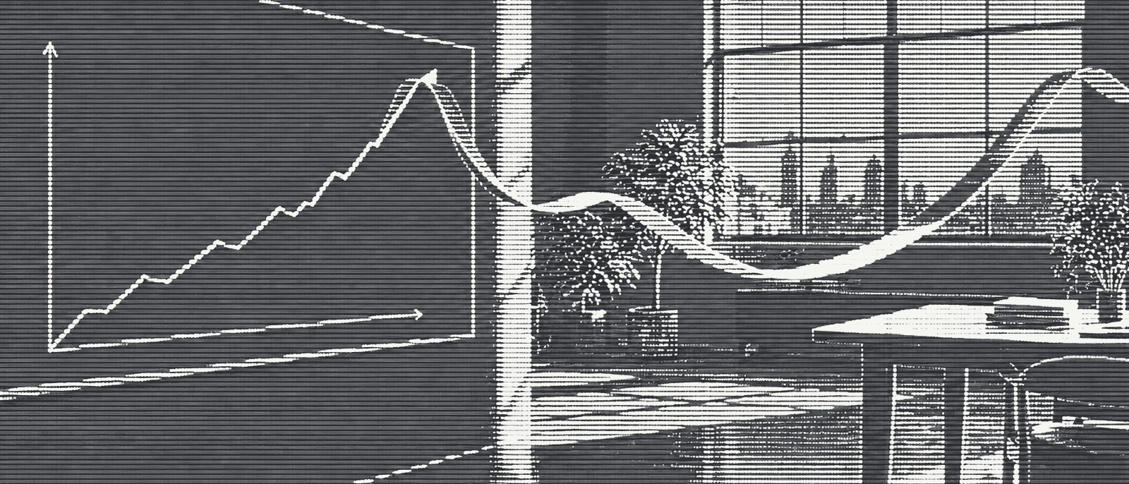 A chart line peels off a whiteboard as a ribbon stretching across the room