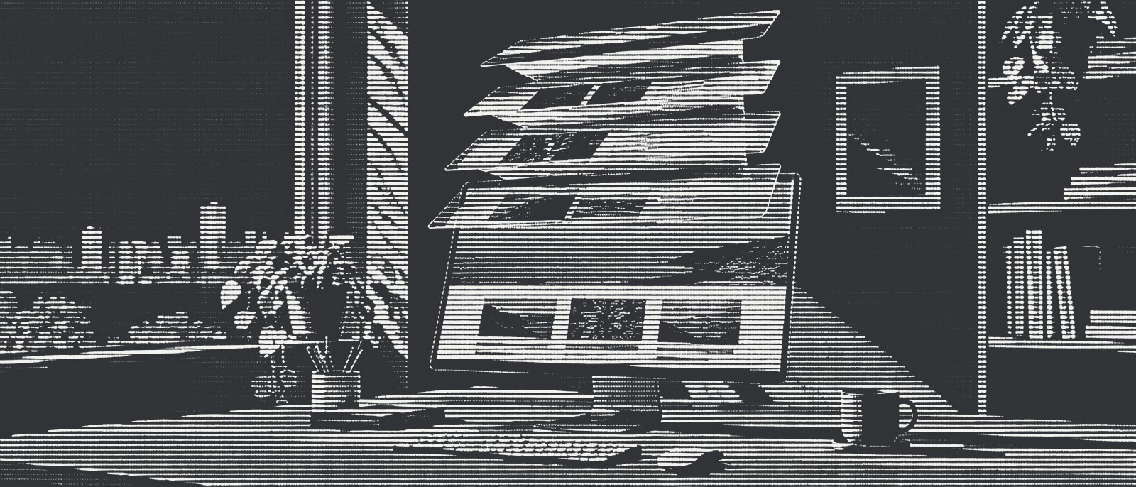 A website extends out of a monitor as stacked glass panels rising like floors of a building