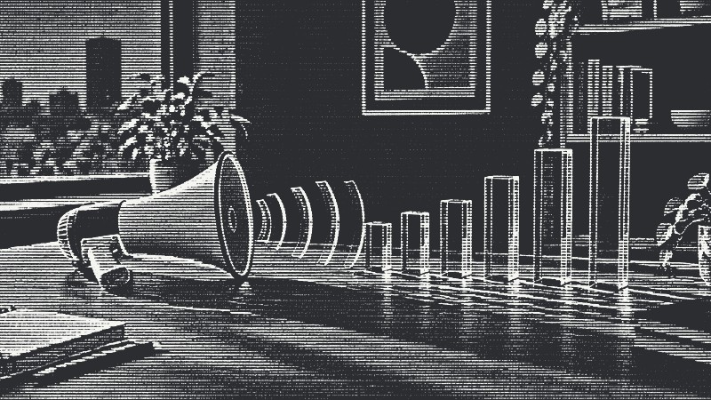Sound waves from a megaphone turn into rising glass bar chart columns