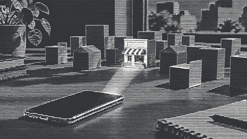 A beam of light from a phone screen picks out one small paper storefront among many plain blocks