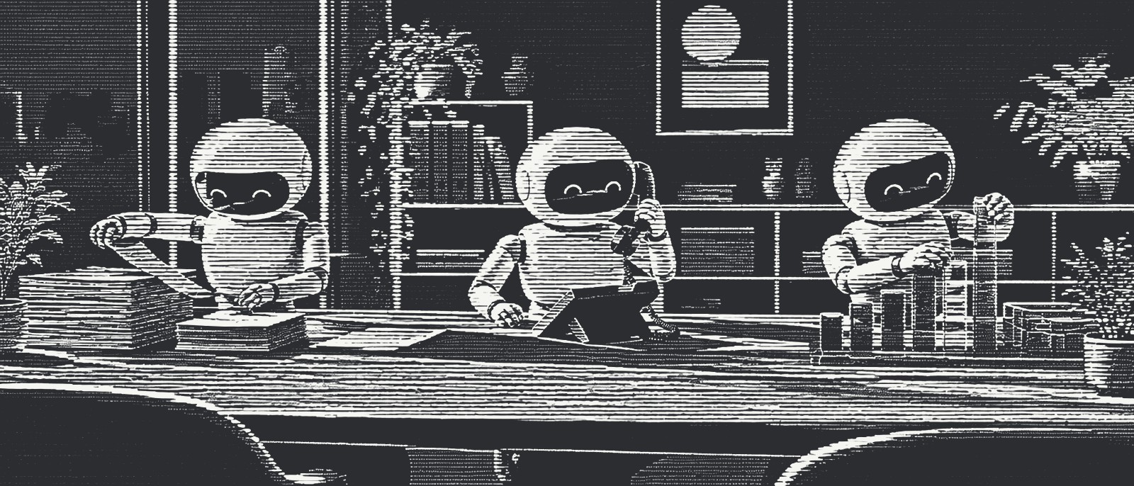 Friendly robots at a long desk sorting papers, answering a phone and stacking glass charts