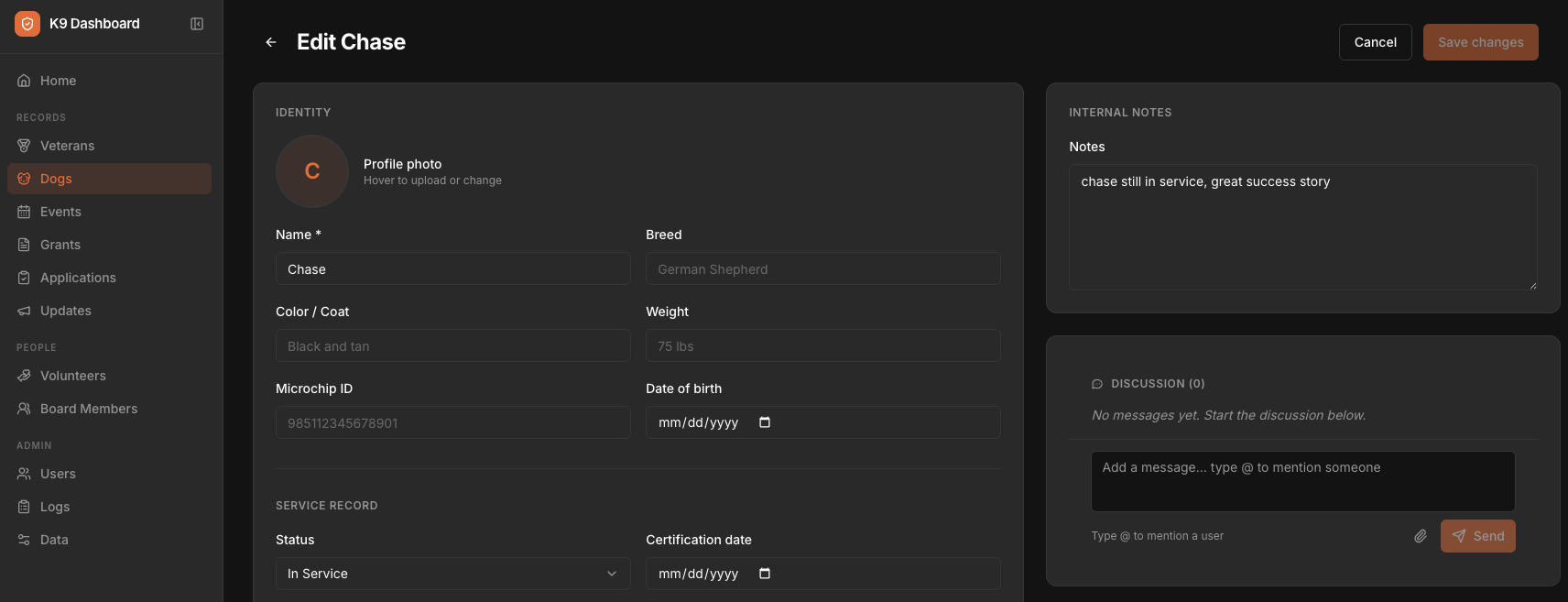 K9 Dashboard — Detailed dog profile for Chase, a German Shepherd, showing identity fields, internal notes, and discussion thread