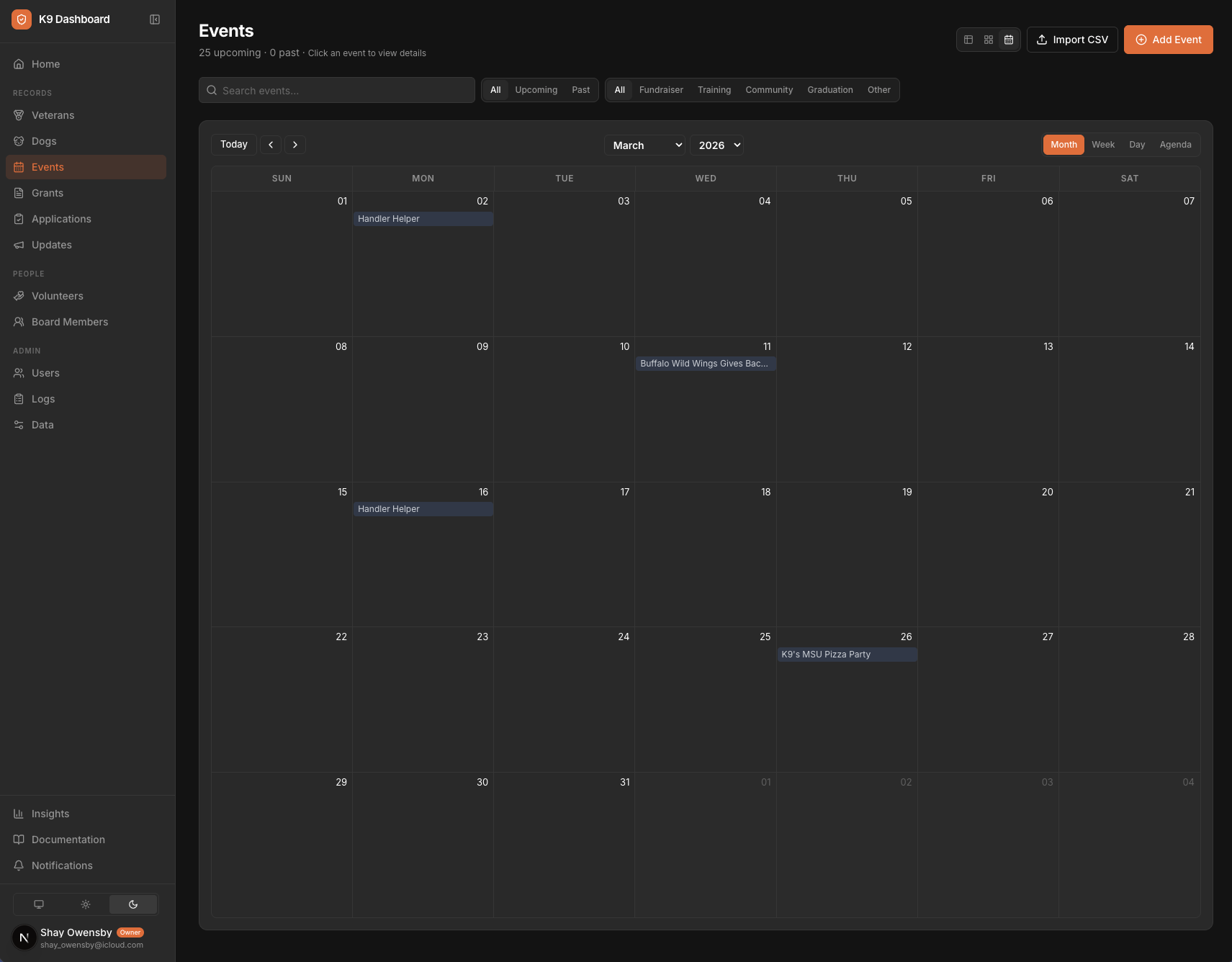 K9 Dashboard — Events calendar showing monthly view with fundraisers, training workshops, and community events